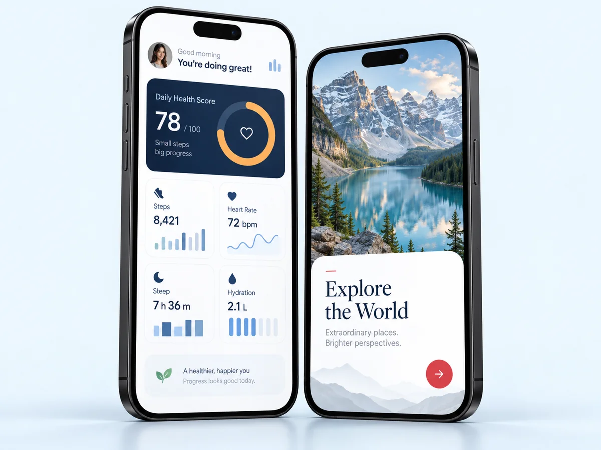 Mobile application screens displayed on smartphones