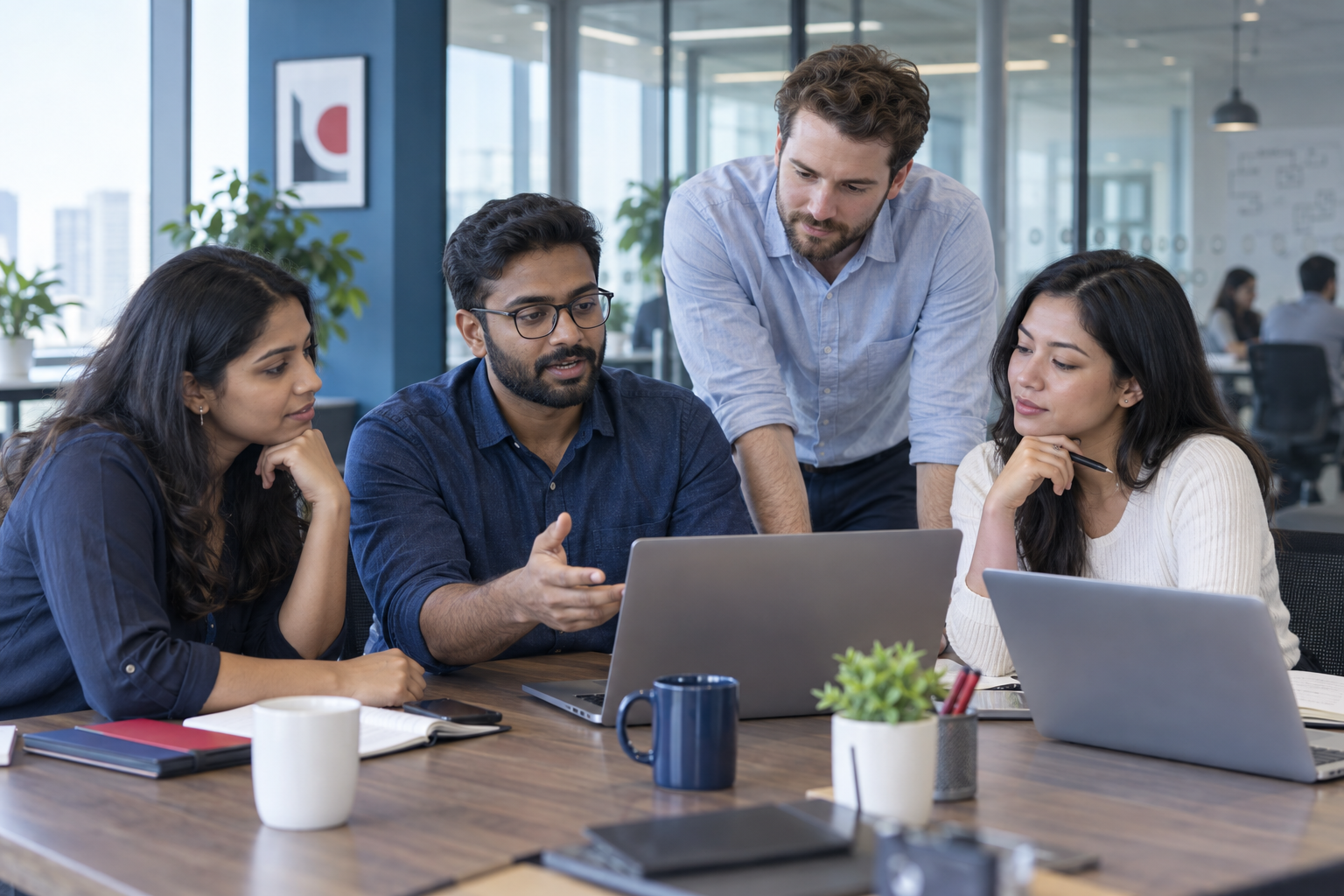 Software engineers collaborating on laptops in a modern office